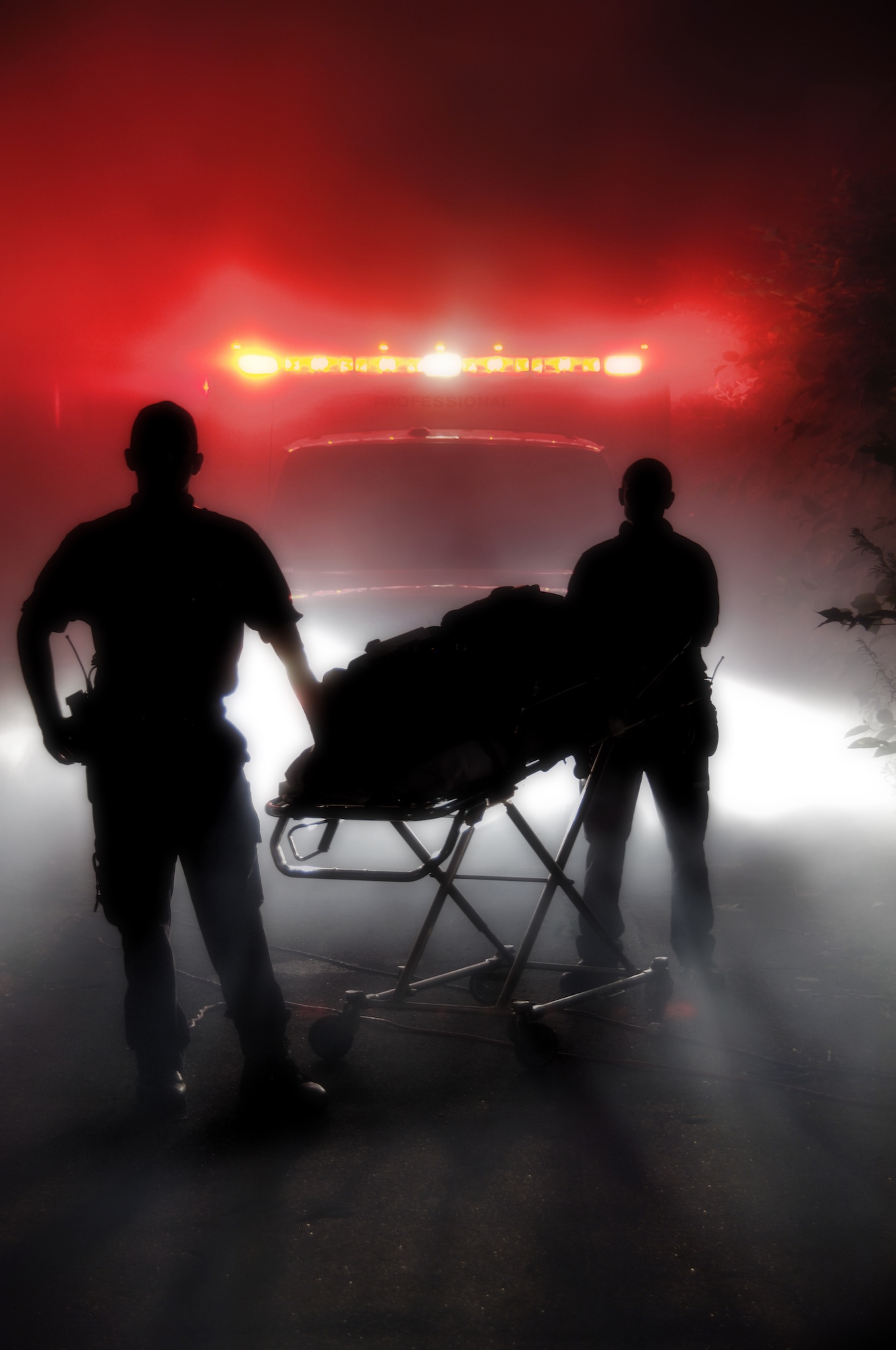 Silhouetted paramedics with a stretcher in front of an ambulance at night, representing Dena Denali’s personal recovery journey after a rollover motor vehicle accident and long-term disability rehabilitation.
