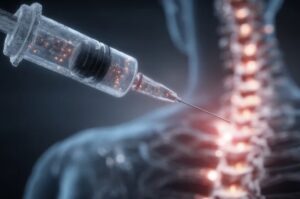 Medical illustration of a syringe delivering regenerative injection therapy near the upper thoracic spine, representing PRP and prolotherapy treatments