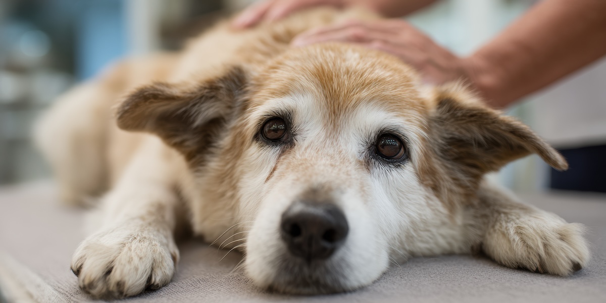 Close-up of a relaxed senior dog receiving gentle massage on a therapy table