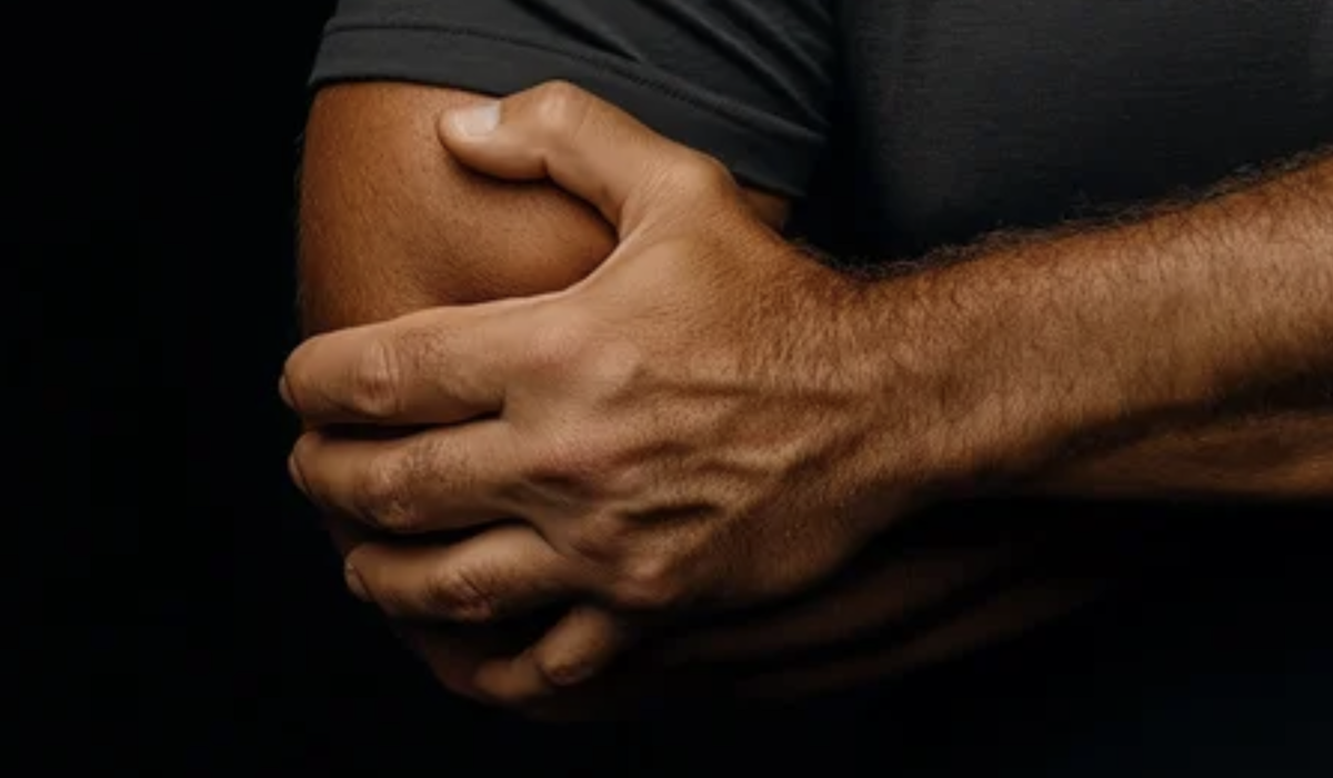 Misdiagnosed Elbow Tendonitis – Determined to be a Triceps Referral Pattern at Body Kneads Close-up of man gripping his painful elbow, later proven to be a triceps referral pain rather than tendonitis by Dena Denali
